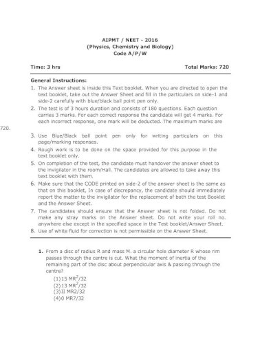 Aipmt Neet A Physics Chemistry And Biology Aipmt Neet Physics Chemistry And Biology Paper Pdf Document