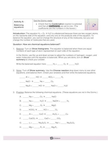 Student Exploration Balancing Chemical Equations Exploration Balancing Chemical Equations Vocabulary Coefficient Combination Compound Decomposition Double Replacement Element Pdf Document